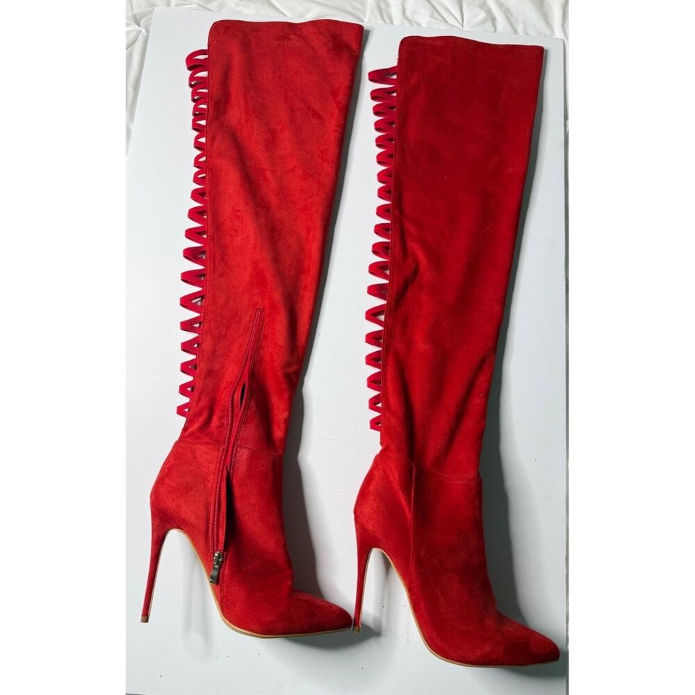 Red Over-The-Knee Stiletto Boots With Side Zipper & Lace-Up Detail